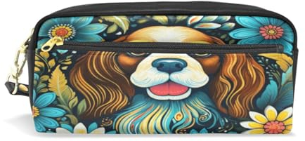 LINNIKEEEE Blumenmuster Hund Federmäppchen aus Leder,Mäppchen Schlamperbox Stifttasche,Make-up-Tasche,Organizer für Jungen Mädchen