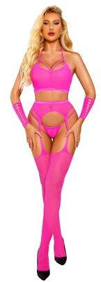 RSLOVE Sexy Lingerie Résille Bodystocking - Tenues pour Femme Ensemble de Lingerie 4 Pièces avec Gants et Collants Rose Fluo Taille Unique