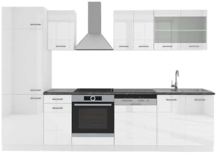 Vicco Küchenzeile R-Line, Weiß Hochglanz/Weiß, 300 cm | 8 Module · Höhenverstellbare Füße · Arbeitsplatte Anthrazit · Robuste Fronten · Mit Kühlschrankumbauschrank