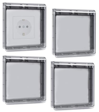 Cubierta Toma Corriente, Tipo 86 Impermeable Caja Enchufes Pared Transparente, Cubre Interruptor, Tapa de Enchufe Autoadhesivo para Baño, Cocina, Dormitorio y Exterior, Negro, 4 Piezas