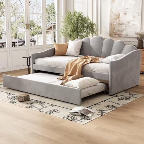 BTM Upholstered Day Bed, 3FT, 90x190cm Trundle Bed, Grey Velvet