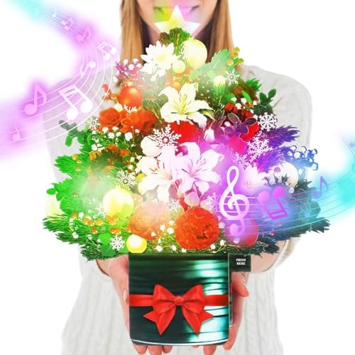 APOTODITO Weihnachtskarten mit Musik und Licht, Christmas Bouquet 26cm, Weihnachtsbaum Weihnachtsgeschenkkarten (mit Umschlag) Weihnachtsdeko Weihnachtsgeschenke für Frauen Mutter Kinder