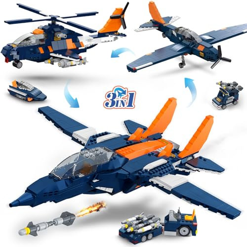 HOGOKIDS 3-in-1 Kampfjet Flugzeug Bauspielzeug, Militär-Propellerflugzeuge/Kampfhubschrauber Baukästen mit Fahrzeug/Raketenwerfer/Schnellboot, Geschenk für Kinder, Jungen Mädchen ab 10 Jahren, 738 PCS