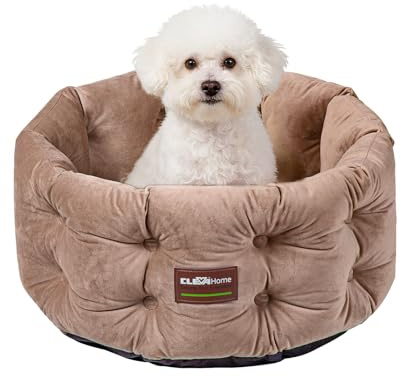 ClevaHome Deep Nest Katzenbett für Katzen bis 7 kg, Rundes Katzenbett für den Innenbereich mit Samtoptik, Extra Hohe Seiten, rutschfeste Unterseite, Maschinenwaschbar (Warmes Beige)