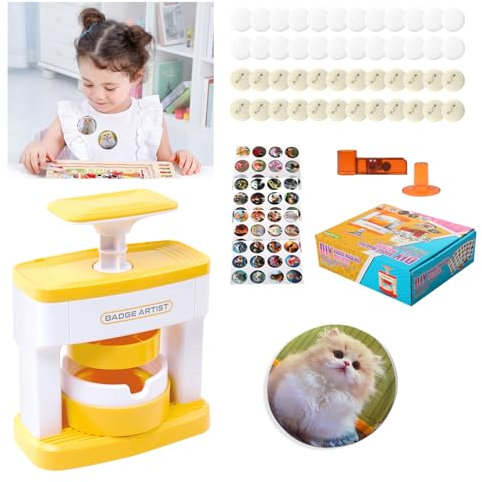 Yallmie 55mm Button Maker Badge Machine, Round Pin Maker Maschine mit 24 Abzeichen und 24 Aufkleber, DIY Press Machine mit Cutter, Button Badge Make für Party und Geschenke Zubehör (A)