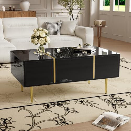 BTM Table Basse Rectangulaire, Table de Salon avec 2 Tiroirs, Table Basse en Bois avec des Lignes Dorées, Charge de 60kg, 100x60x41.5cm, Noir