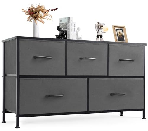 DUMOS Kommode für Schlafzimmer, 5 Schubladen, breiter Stoffschrank, Truhen, Organizer, Turmmöbel mit Holzplatte, Metallrahmen für Kleidung, Gästezimmer, Wohnzimmer, Flur, Eingangsbereich