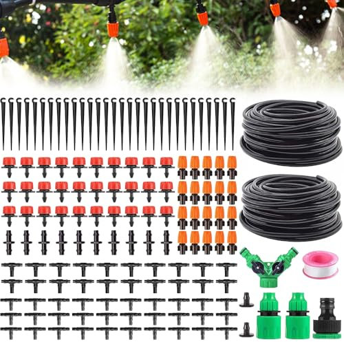 HIULLEN 149 PCS Drip Irrigation System, 100FT/30m Automatic Garden Watering System, Micro Drip Irrigation Kit with Adjustable Nozzle Sprayer and Dripper for Garden Lawn Greenhouse