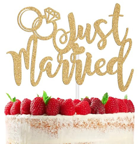 Gold Glitter Just Married Cake Topper, Bridal Shower Cake Decor for New Couple, Bride to Be, Wedding Engagement Bachelorette Party Decorations Supplies