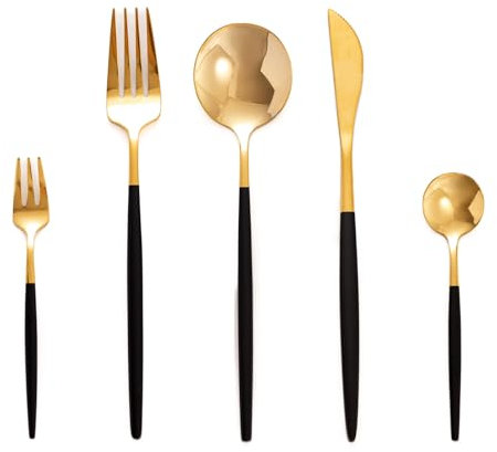 SWISON Juego de cubiertos negro y dorado acero inoxidable 30 piezas, Set cubertería servicio 6 personas con cuchillo tenedor cuchara, Diseñar ligero