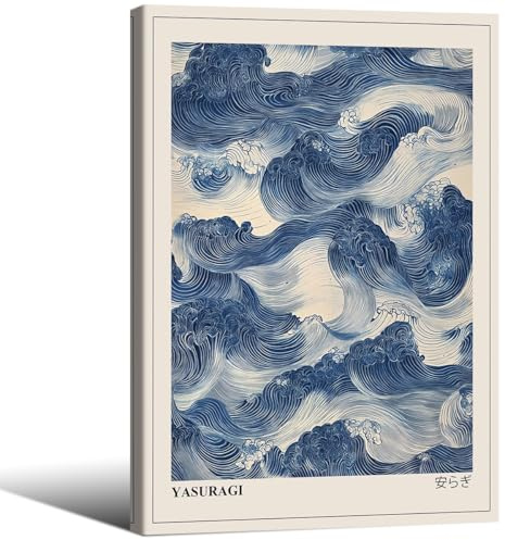 Japanische Blaue Wellen Wandkunst Vintage Oriental Japandi Wabi Sabi Poster 40X60 cm Gerahmter Abstrakter Riesiger Wellen Leinwanddruck für Minimalistisches Wohnzimmer Wanddekoration