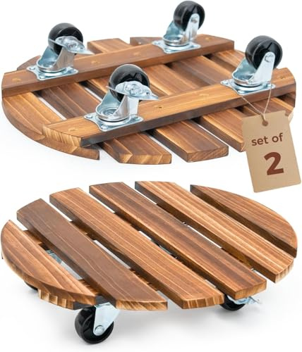 Bamworld Paquete de 2 bandejas de madera para plantas de 14 pulgadas con ruedas, plataforma rodante resistente con capacidad de 240 libras, ruedas bloqueables de 360° para macetas grandes, objetos