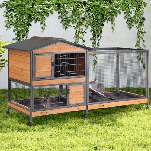 GUTINNEEN 2-Story Rabbit Hutch with Chew-Proof Full Metal Frame for Indoor/Outdoor - 62 Bunny Cage with 6 Locking Casters & 2 Pull-Out Trays for Rabbits, Guinea Pigs, Small Pets (Brown)