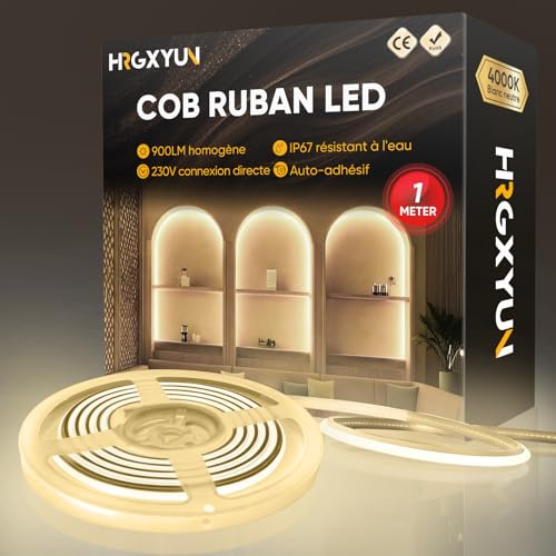 HRGXYUN 230V COB LED Streifen Aussen, 240 LEDs IP67 Wasserdicht Selbstklebend, Bande LED 900LM Ohne Trafo Flexible Kürzbar für Zimmer und Außen Dekoration Beleuchtung, 4000K Neutralweiß, 1m