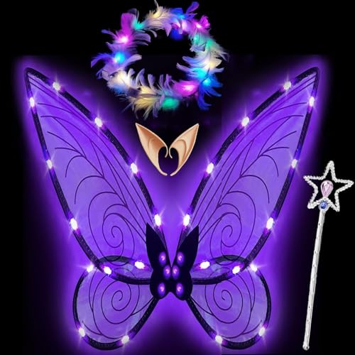 Feenflügel Leuchtend Erwachsene,LED Haarreif and Sterne Feenstäbe,Elfenflügel Damen,Led Flügel,Feenflügel Erwachsene,Schmetterlingsflügel,Flügel Kostüm für Fasching oder Feen-Mottopartys
