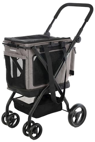 Carlett Carrito de Mascotas 3 en 1 Ruedas Giratorias 360º, Resistente al Agua, Transportín Compatible con Asiento de Coche, Cubre Lluvia y Correa de Seguridad, Cube P, Color Gris