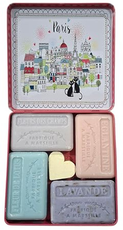 Coffret fleuri chats à Paris de 4 savons de Marseille parfumés125g enrichis en beurre de karité bio. Fabriqués à Marseille. Idéal pour offrir