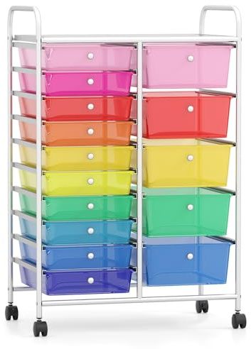COSTWAY Rollwagen mit 15 stapelbaren Schubladen, Schubladenwagen Rollcontainer mit Metallgestell & Ablagefläche, Badrollwagen Aufbewahrungswagen für Büro, Zuhause (Regenbogen)