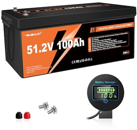 Yeagulch Lithium Batterie Solaire LiFePO4 48V 100Ah BMS 200A 15000 Cycles