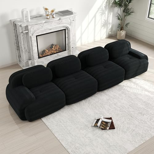 Bladez Modulares 4-Sitzer Cord Ecksofa mit Chaiselongue, 32D Komfortpolster, extra-breite Armlehnen, montagefrei & flexibel stellbar – Cloud Couch für Wohnzimmer & Heimkino,Schwarz, 4-Sitzer