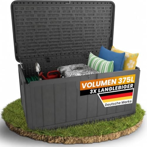 Naturiz® Gartenbox wasserdicht & stabil 375L - Aufbewahrungsbox XXL - Gartenkiste wetterfest - Auflagenbox, Kissenbox, Paketbox, Gartentruhe, Outdoor Box, Garten Box, schwarz (375L)