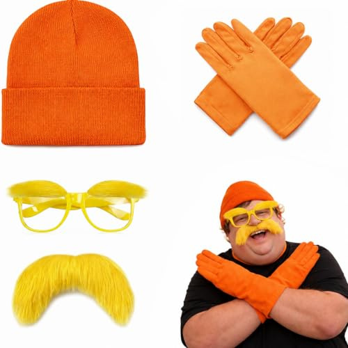 RAOPNHS Lorax Kostüm Zubehör Set Für Erwachsene Karneval Mit Gelber Brille Bart Hut Handschuhe 3 Teilig Lustiges Faschingskostüm Herren Damen Cosplay Outfit Für Karneval Halloween Mottoparty
