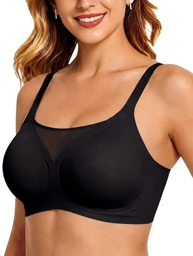 Bresdk Bras for Women Non Wired Seamless Jelly Push Up Bra T Shirt Padded Comfort Wireless V Neck with Mesh Everyday Bralettes Black M