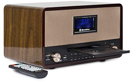 Roadstar DAB Nostalgie Retro-Radio mit Bluetooth und CD / MP3 Player im Holzgehäuse mit Weck-Funktion (USB, AUX-In, RDS), 2 x 15 Watt RMS, braun