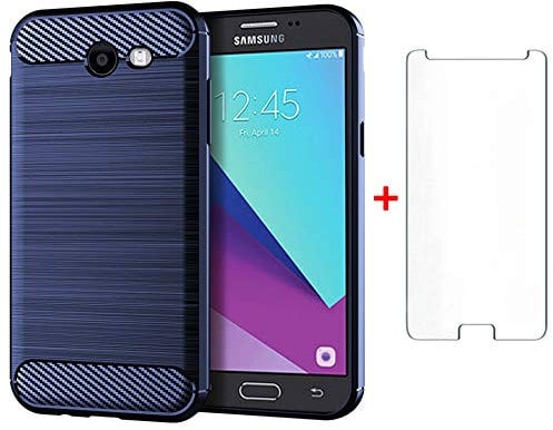 Phone Case for Samsung Galaxy J3 2017 and Tempered Glass Screen Protector Film Cover with Mobile Bumper Accessories Slim Thin Shockproof Soft Silicone Rubber Glaxay J 3 Pro Duos SM-J330FN J330 Blue