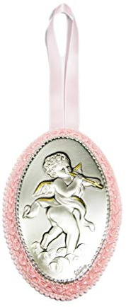 Capocha rosa con placa de plata bajorrelieve Castellani que representa un ángel de la guarda con flauta