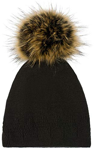 styleBREAKER Unisex warme einfarbige Strick Bommelmütze mit Zacken Muster, Abnehmbarer Kunstfellbommel, Winter Mütze 04024181, Farbe:Schwarz