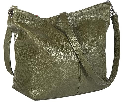 LiaTalia ADAL Sac à bandoulière en cuir grainé souple pour femme Taille moyenne 100 % cuir italien, vert olive, Medium