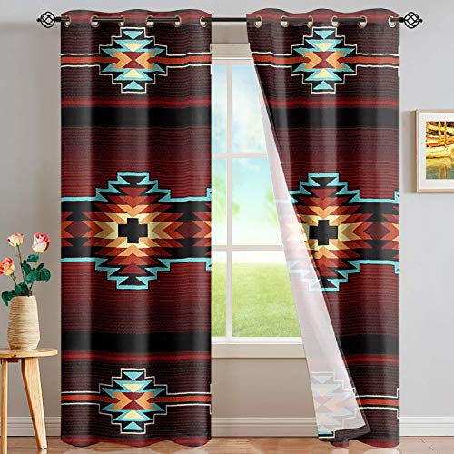 CLOHOMIN Vorhänge im südwestlichen Stil, Landhaus-Vorhänge, Indianer, Navajo, rotes Tribal-Muster, 2 Stück, Fenstervorhang, Vorhang für Kinderzimmer, leichte Verdunkelung, Fenstervorhänge