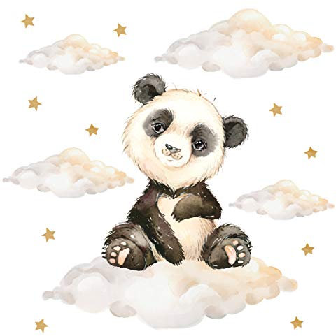 Pandawal Kinderzimmer Deko Wandtattoo Panda mit Wolken Sterne Junge Mädchen Wandsticker Baby Safari Tiere Wandaufkleber (L, Panda)
