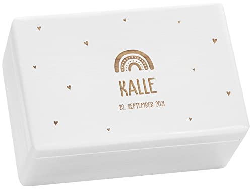 LAUBLUST Erinnerungsbox Baby Personalisiert - Geschenk zur Geburt | Aufbewahrungsbox Kinder - Holzkiste Weiß FSC® (Regenbogen mit Herzen, 30 x 20 x 14 cm | M)