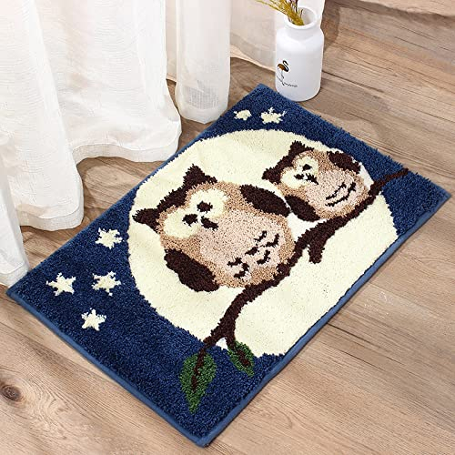 ZZDXL Badezimmerteppich Blaue Eule Duschvorleger rutschfest Badematte Saugfähig Badvorleger Gross Badteppich Mikrofaser Badteppiche Maschinenwaschbar 40X60cm