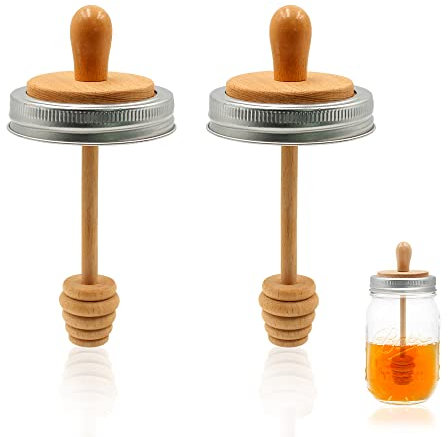 2pcs Wooden Mason Jar Honey Dipper with Lids Set - Honey Dipper Wooden Stick for Regular Mouth Mason Jars, Honey Spoon Honeycomb Lids for Regular Mouth 16 oz Mason, Ball Jars (Jar is not included)