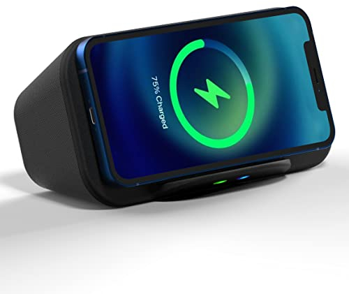 i-Box Wireless Charger, Portable Bluetooth Speaker, 10W Fast Qi Wireless Charger, iphone and Android Phone Stand, 6W Stereo Speakers, Large 5,000mAh Battery for up to 18 Hours Playback
