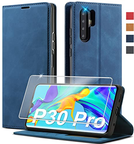 Handyhülle für Huawei P30 Pro Hülle Leder [1 Stück Panzerglas] [Premium PU Leder] Klappbar Handyhülle für Huawei P30 Pro Hülle 360 Grad Stoßfeste Flip Standfunktion Schutzhülle Case für Huawei P30Pro