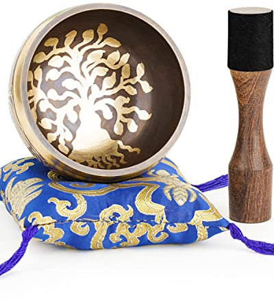 Hihealer Ensemble de Bols Chantants Tibétains Fait Main au Népal - Bol Sonore, Maillet, Coussin et Boîte Cadeau; Méditation, Yoga, Guérison des Chakras (Arbre de Vie, 11cm)