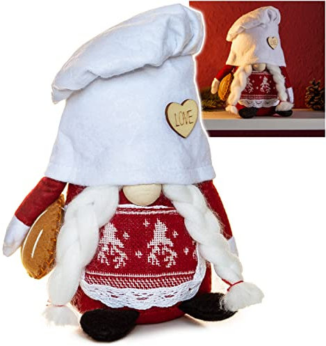 alles-meine.de GmbH lustiger Wichtel/Zwerg 21 cm groß Bäcker/Koch mit Brot - für Sommer & Winter - Weihnachten - Plüschtier/Kantenhocker/Türstopper - Kochmütze - Wei..