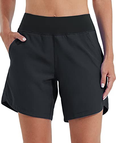WILLIT Badeshorts Damen Badehose Schwimmen Boardshorts Schnelltrocknend Sommer Bikini Shorts High Waist Trunks UPF50+ UVA Schutz 7 mit Liner Taschen Schwarz Größe 48