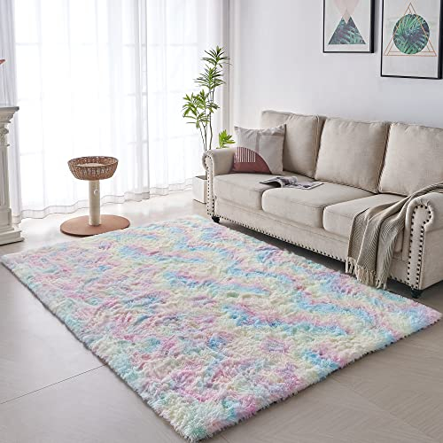 VOFUSHON Wohnzimmer Hochflor Teppich,Shaggy Flur Läufer Teppich Modern Flauschiger Weich Bunte Batik Teppich Groß für Wohnzimmer Deko/Schlafzimmer/Kinderzimmer(Regenbogen,200 x 300 cm)