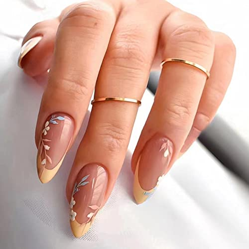 24PCS Faux Ongles Moyen Amande Français Ongles à Coller Ballerine Acrylique Capsules Ongles à Presser avec Autocollants Adhesif Artificiels Full Cover Press on Nails 12 Tailles (Feuilles Jaunes)