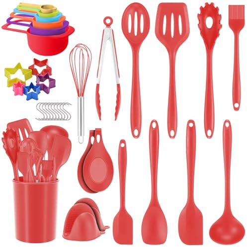 Set d'ustensiles de cuisine en silicone, 36 pièces avec porte-couteau, set de spatules de cuisine antiadhésives rouges résistantes à la chaleur