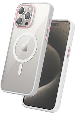 FLOLAB Surtect Tri-Fusion Magnetische Schutzhülle für iPhone 15 Pro, schlankes Design, Magsafe-kompatibel, militärischer Rahmen, transparent, Champagnerrosa