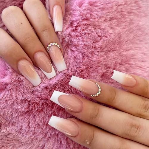 24 pcs Carré Coffin Faux Nu Ongles Long Gradient Ongles Faux Ballerine Acrylique Impression Sur Ongles, Acrylique Couverture Complète Square Faux Ongles Autocollants pour Femme et Fille Nail Art