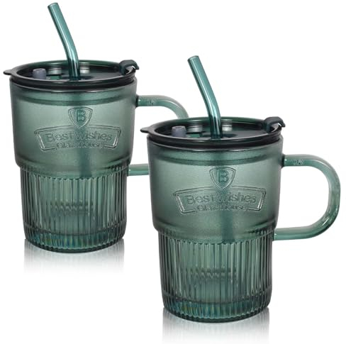 SAVOSWEET 450ml Vaso de vidrio con Tapa y Pajitas -Vasos de Cristal con Tapa y Pajita,Juego de 2 Vasos de Agua Verde - Taza de Viaje de Vidrio pare Café, Batidos, Jugo
