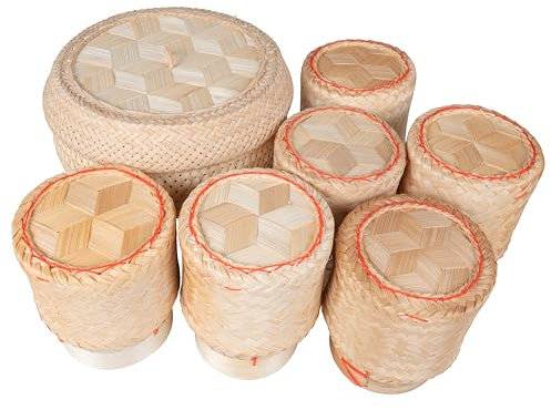CCcollections Panier en Bambou Fait Main pour Riz Gluant - Panier avec Couvercle pour Riz Moelleux et Résistant à la Chaleur - Idéal pour Usage Domestique et Restaurant- Ensemble Cuiseur Vapeur