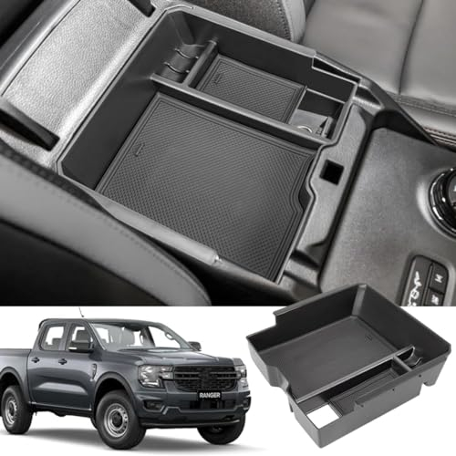 MEDZUK Kompatibel mit Ford Ranger T9 | Ranger Raptor | Ranger Wildtrak 2023-2024 2025 Auto Mittelkonsole Aufbewahrungsbox Armlehnen Organizer Tray Zubehör (Elektronische Bremse)
